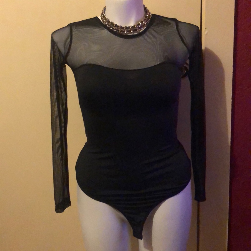 Black mesh sexy long sleeve bodysuit